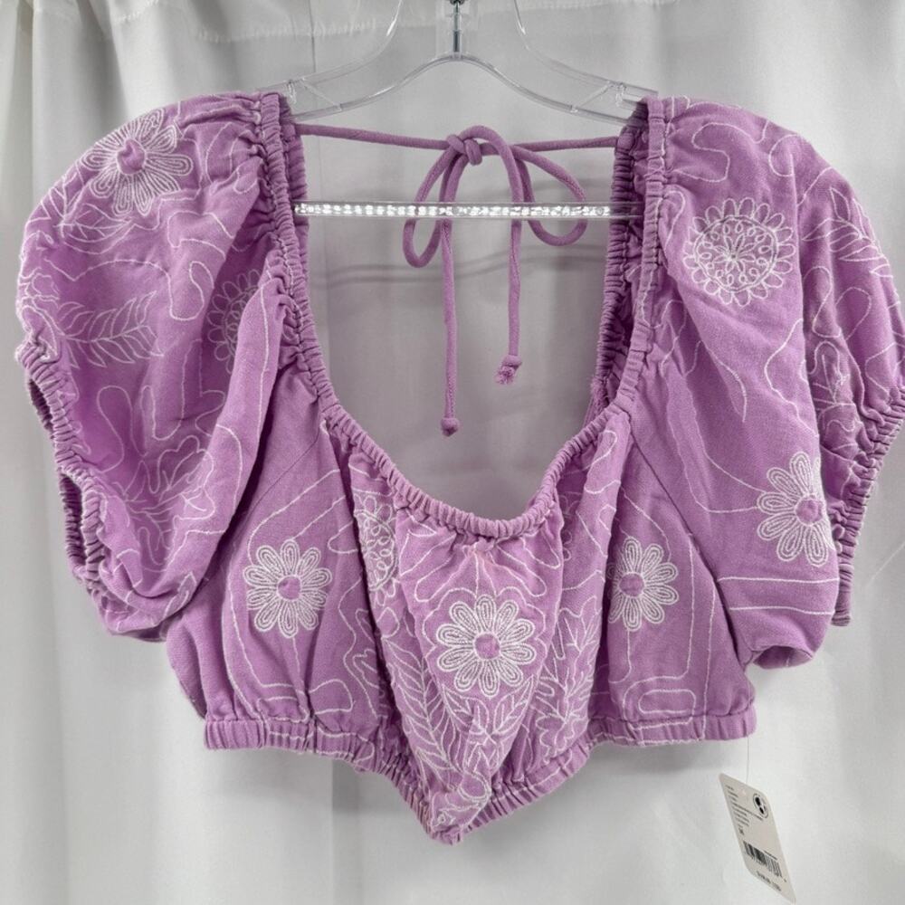 Free People Embroidered Lotus Cropped Top Sz M Lavender